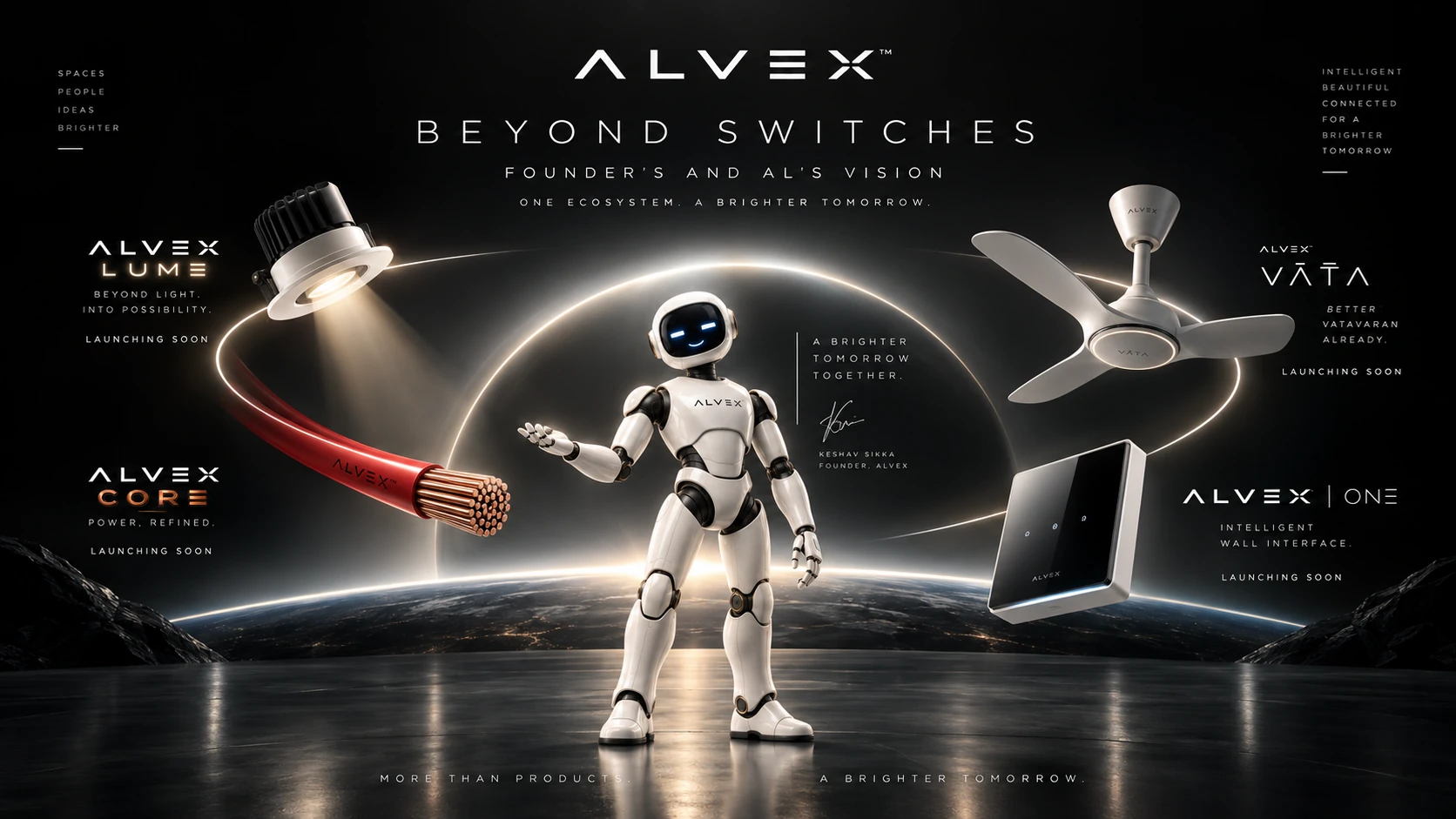 The ALVEX ecosystem — AL with ALVEX LUME lighting, ALVEX CORE cable, ALVEX VĀTA fan and ALVEX ONE wall interface