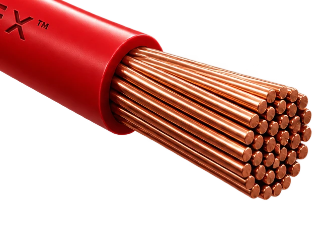 Close-up of the ALVEX CORE conductor — individual copper strands inside red insulation