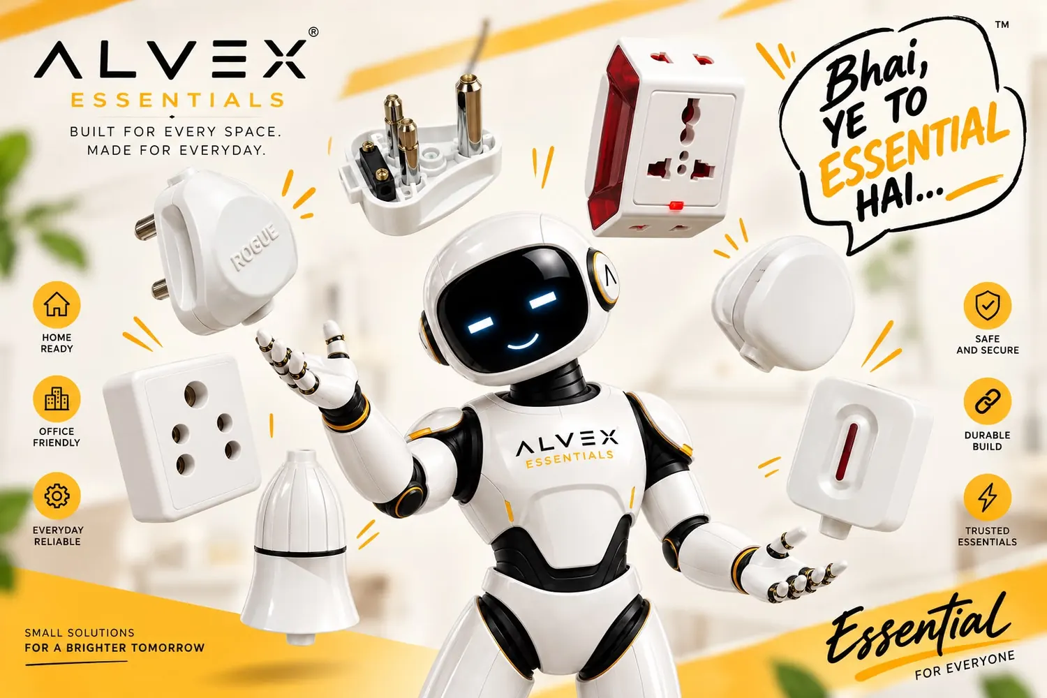 ALVEX Essentials range — plug tops, sockets, switches and holders, with AL