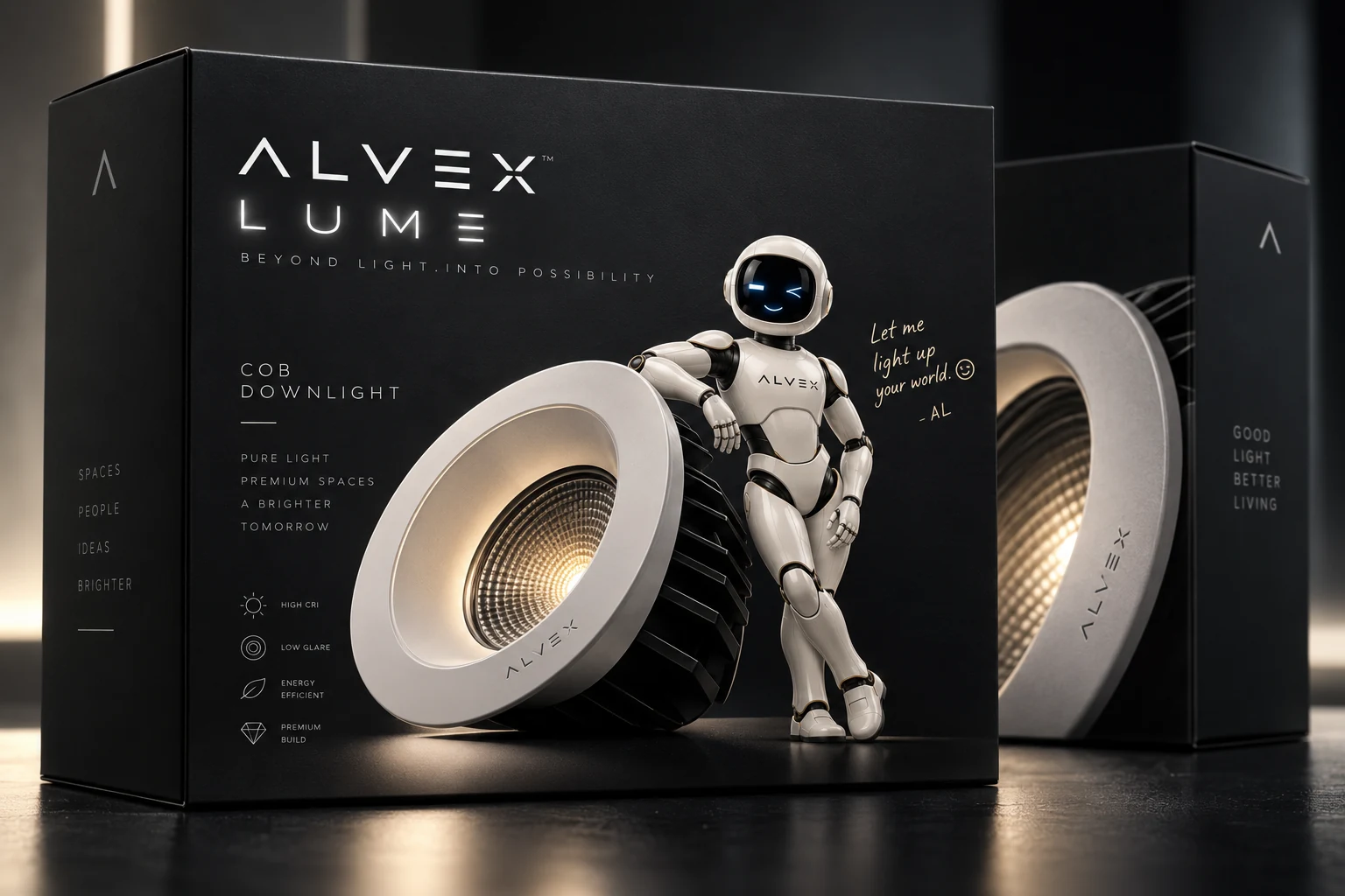ALVEX LUME COB downlight packaging with AL, the ALVEX character