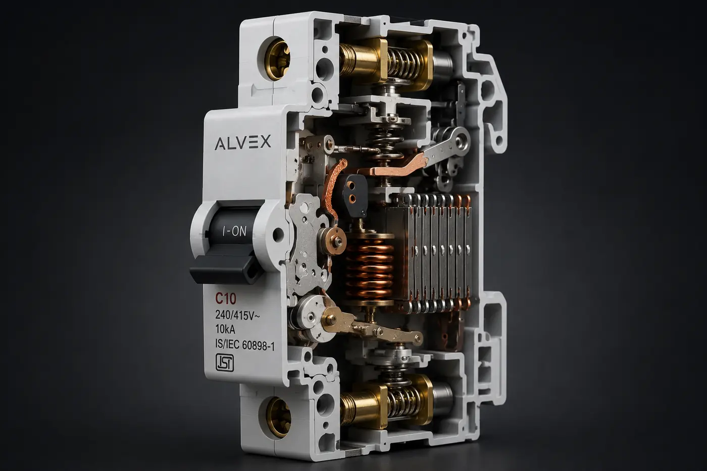 Cutaway of an ALVEX C10 miniature circuit breaker showing its internal mechanism