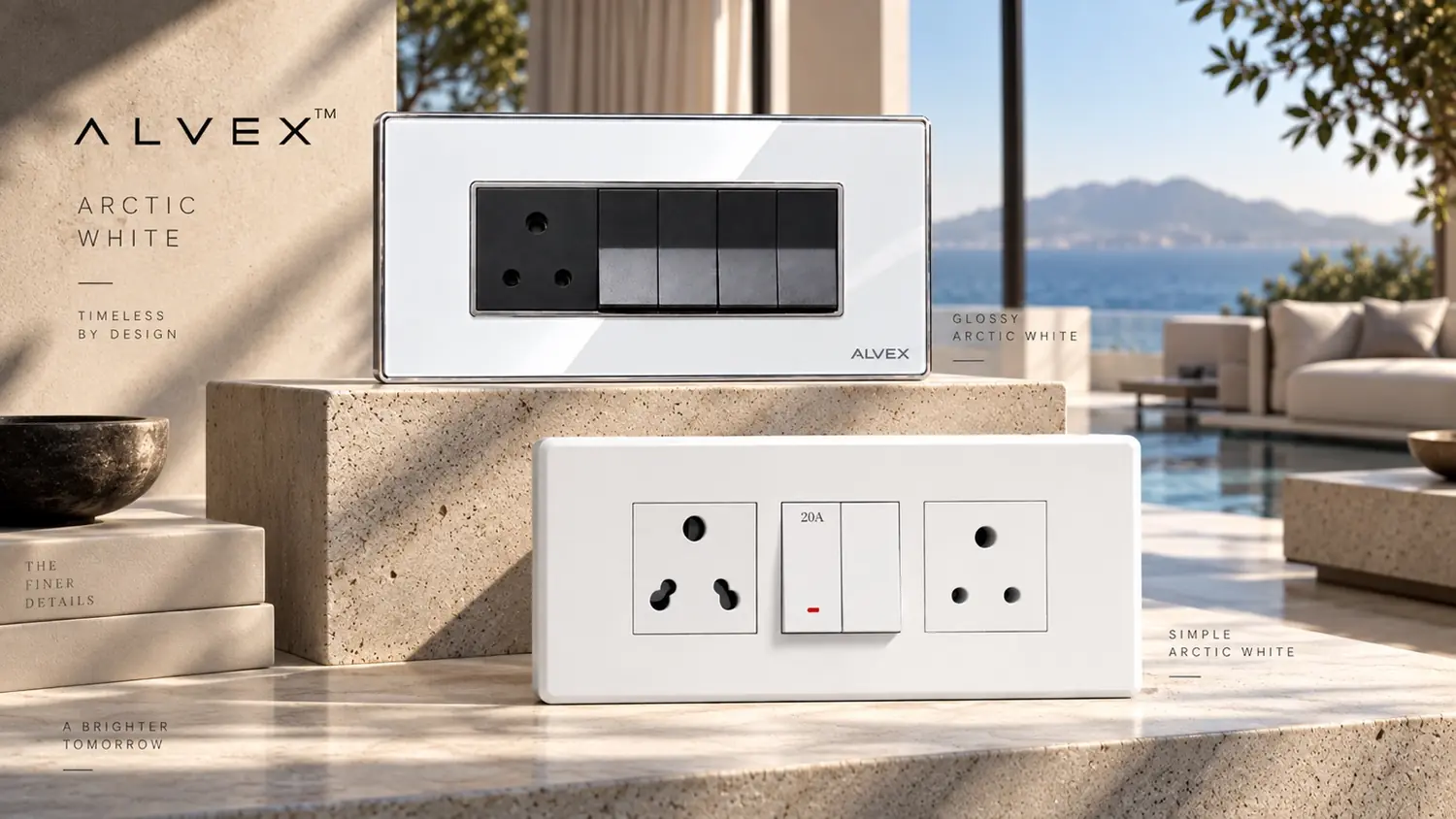 ALVEX Series X Arctic White in two finishes: acrylic glass look and smooth glossy polycarbonate
